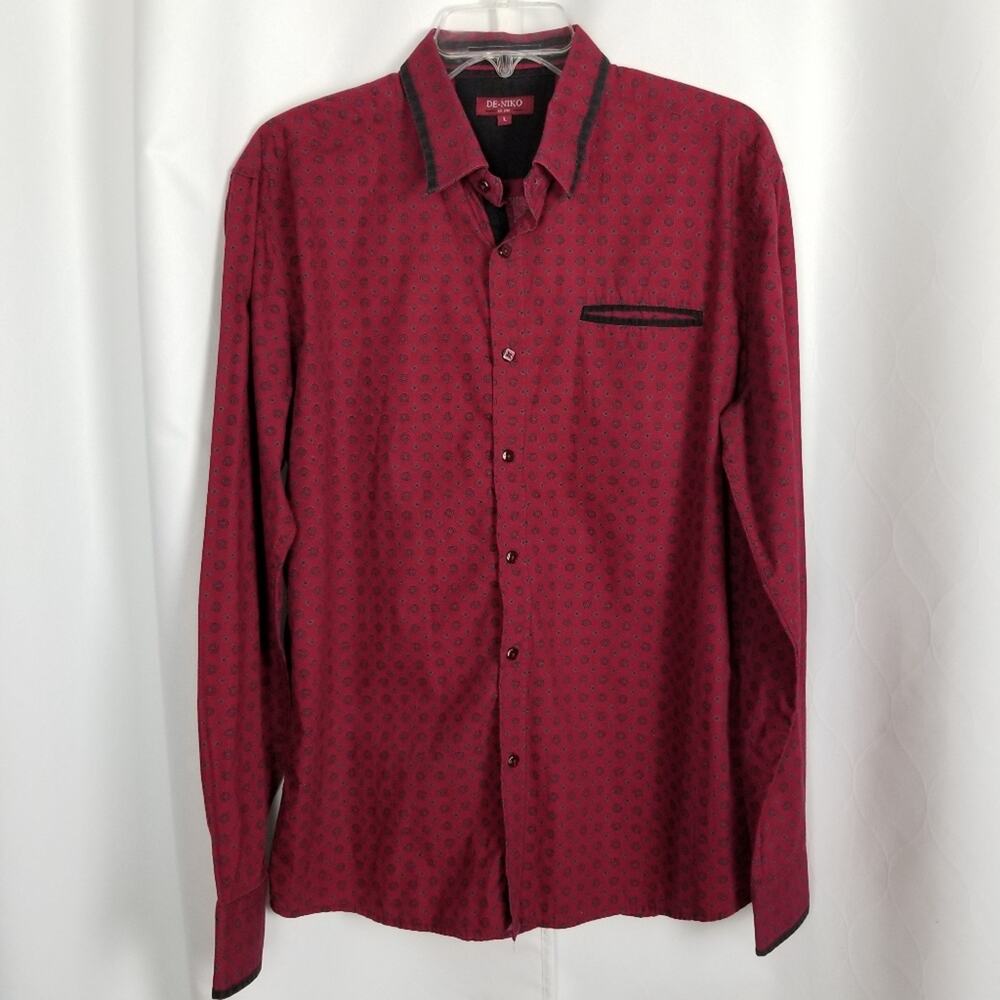 De Niko Button Down Long Sleeve Dress Shirt Red Gray Pattern - Size L